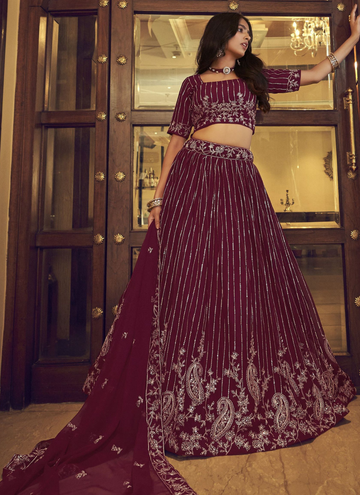Seductive Faux Georgette Wine Viscose Thread Work Lehenga Choli